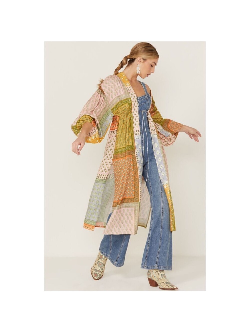Patchwork Print Long Kimono Coat - Multicolor
